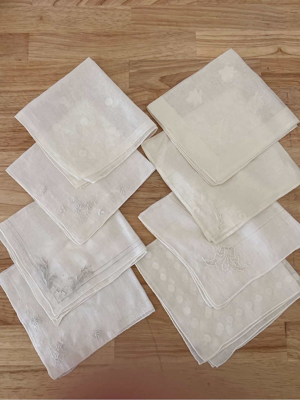 Vintage Lot 8 White Embroidered Handkerchiefs Dots Floral  Apx 11in some wear